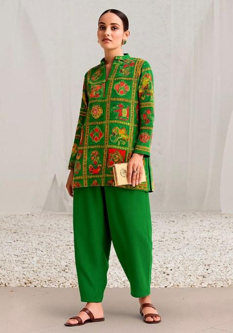 Green Embroidered Poly Blend Kurta Set