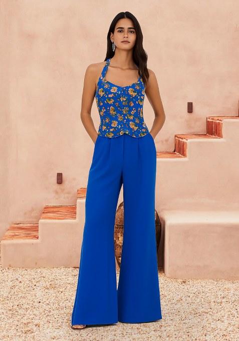 Dark Blue Floral Print Chinon Fusion Set