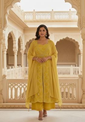Yellow Embroidered Net Anarkali Set