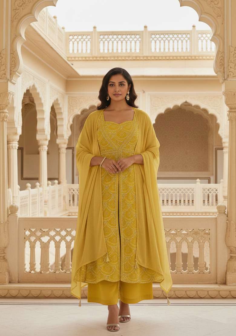 Yellow Embroidered Net Anarkali Set - Indya