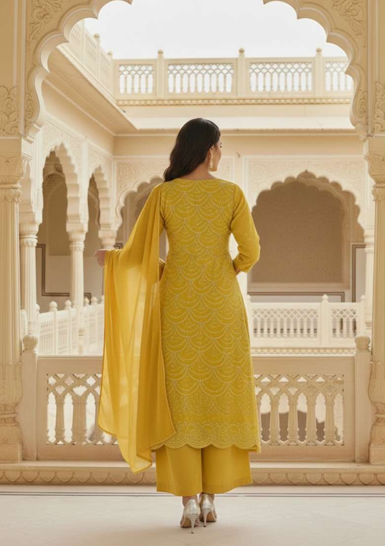 Yellow Embroidered Net Anarkali Set - Indya