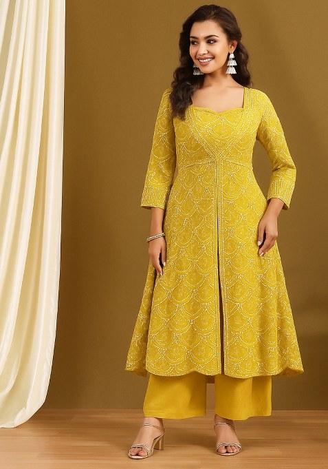 Yellow Embroidered Net Anarkali Set