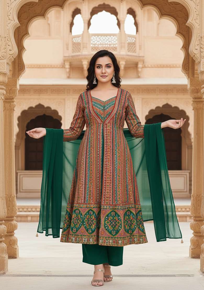 Multicolor Printed Brocade Anarkali Set - Indya