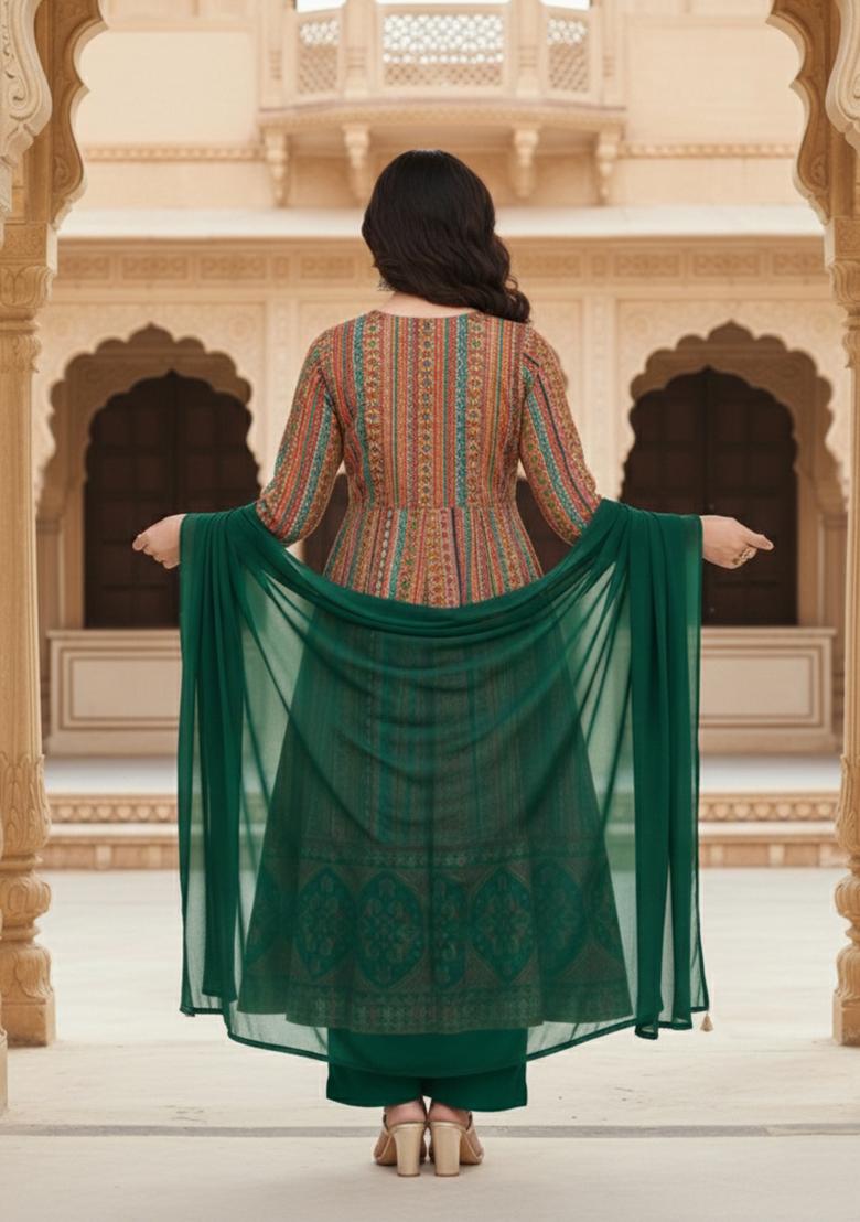 Multicolor Printed Brocade Anarkali Set - Indya