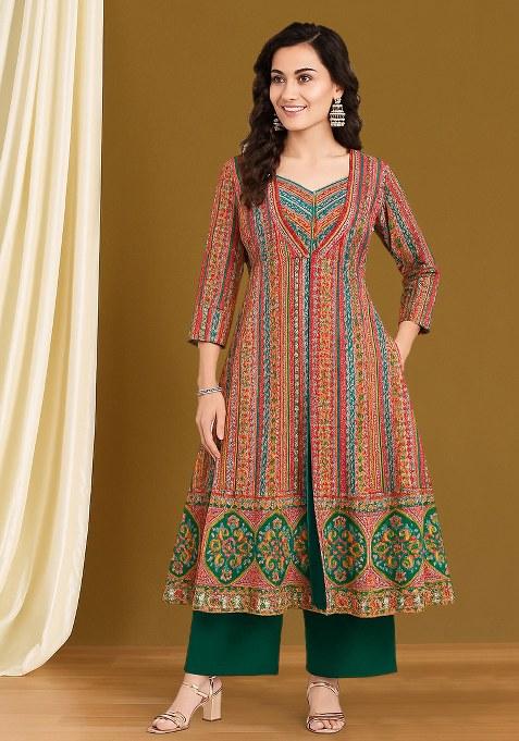 Multicolor Printed Brocade Anarkali Set