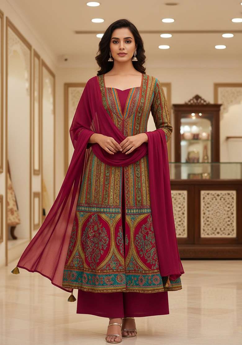 Wine Printed Brocade Anarkali Set - Indya