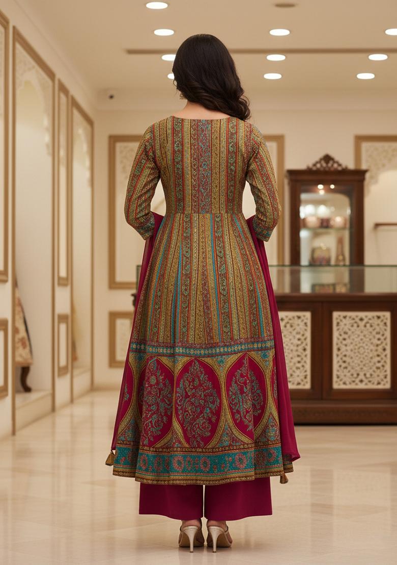 Wine Printed Brocade Anarkali Set - Indya