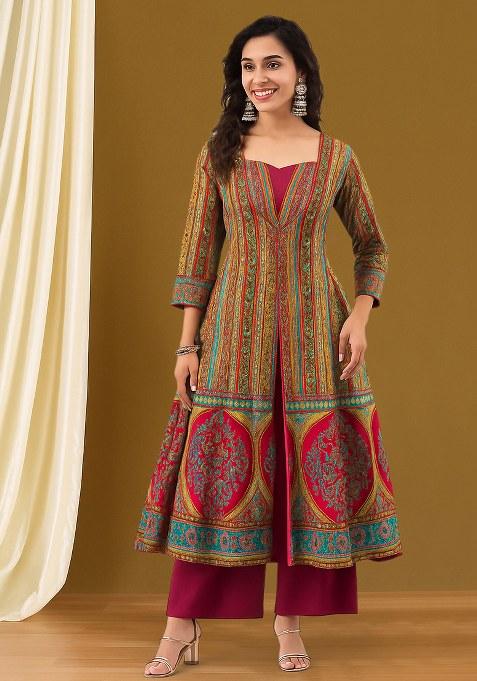 Wine Printed Brocade Anarkali Set