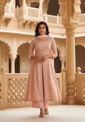 Pink Abstract Print Silk Anarkali Set
