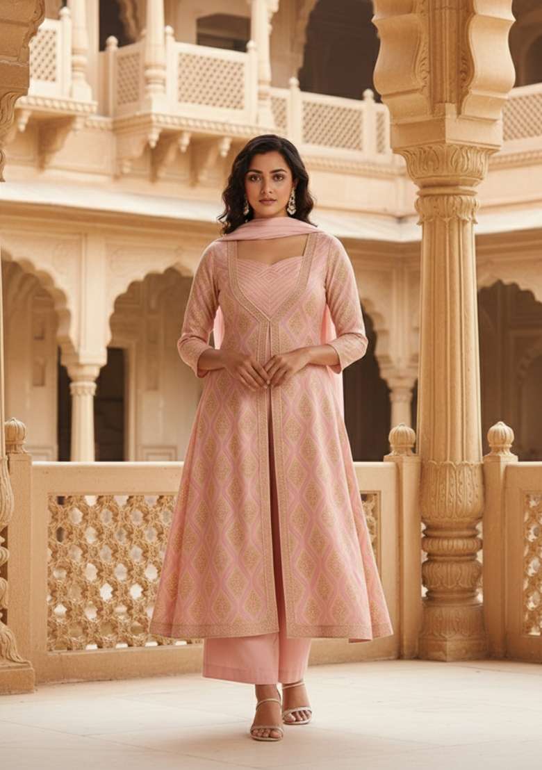 Pink Abstract Print Silk Anarkali Set - Indya
