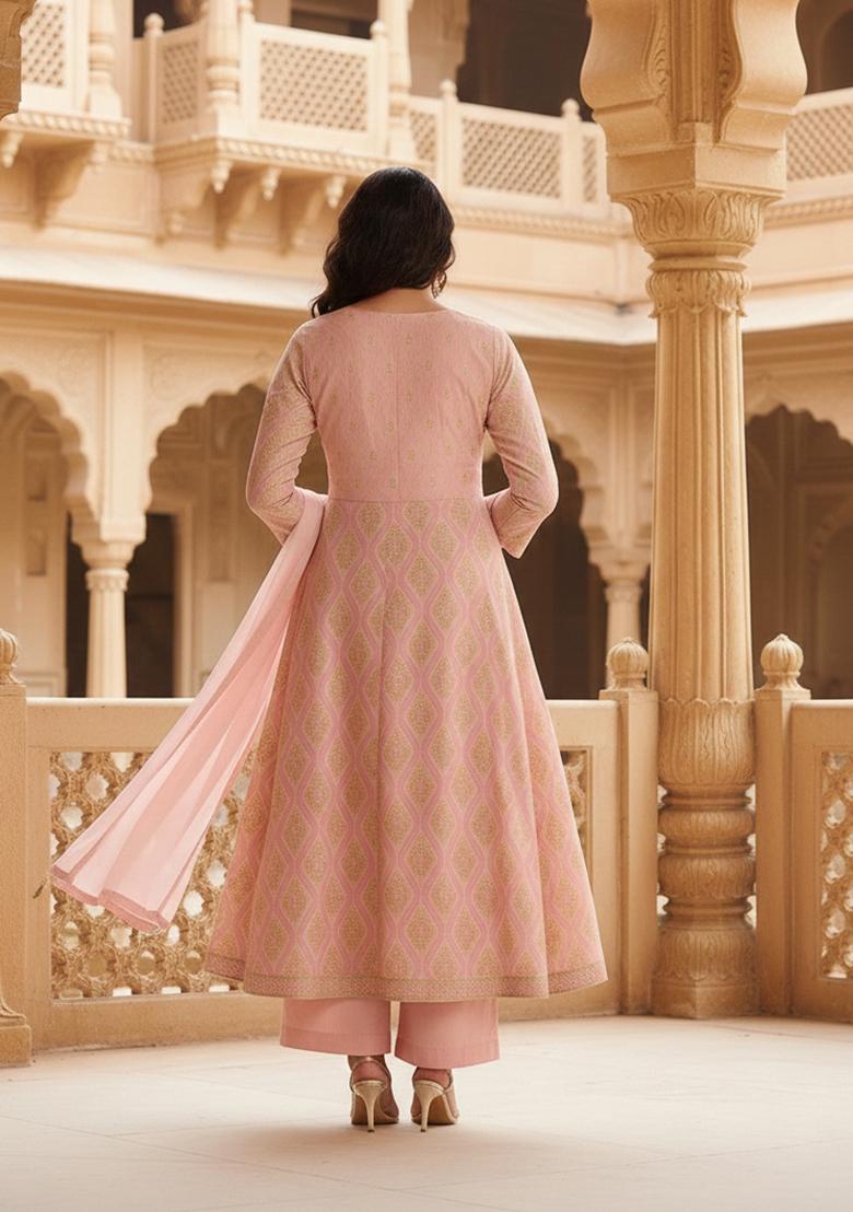 Pink Abstract Print Silk Anarkali Set - Indya