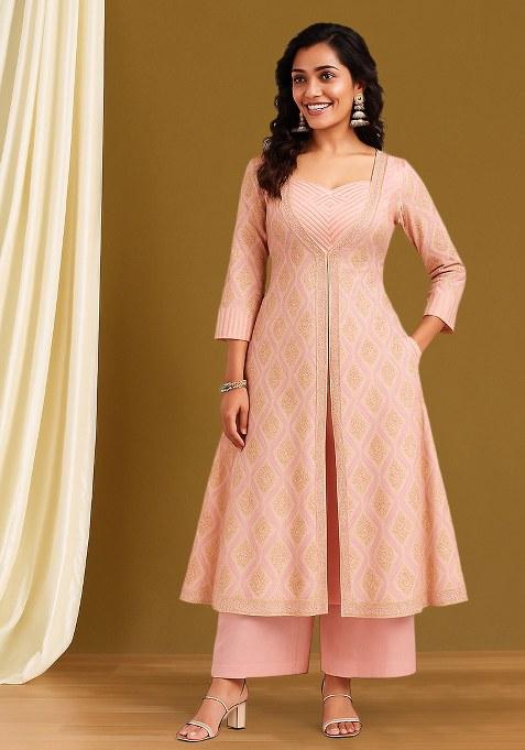 Pink Abstract Print Silk Anarkali Set