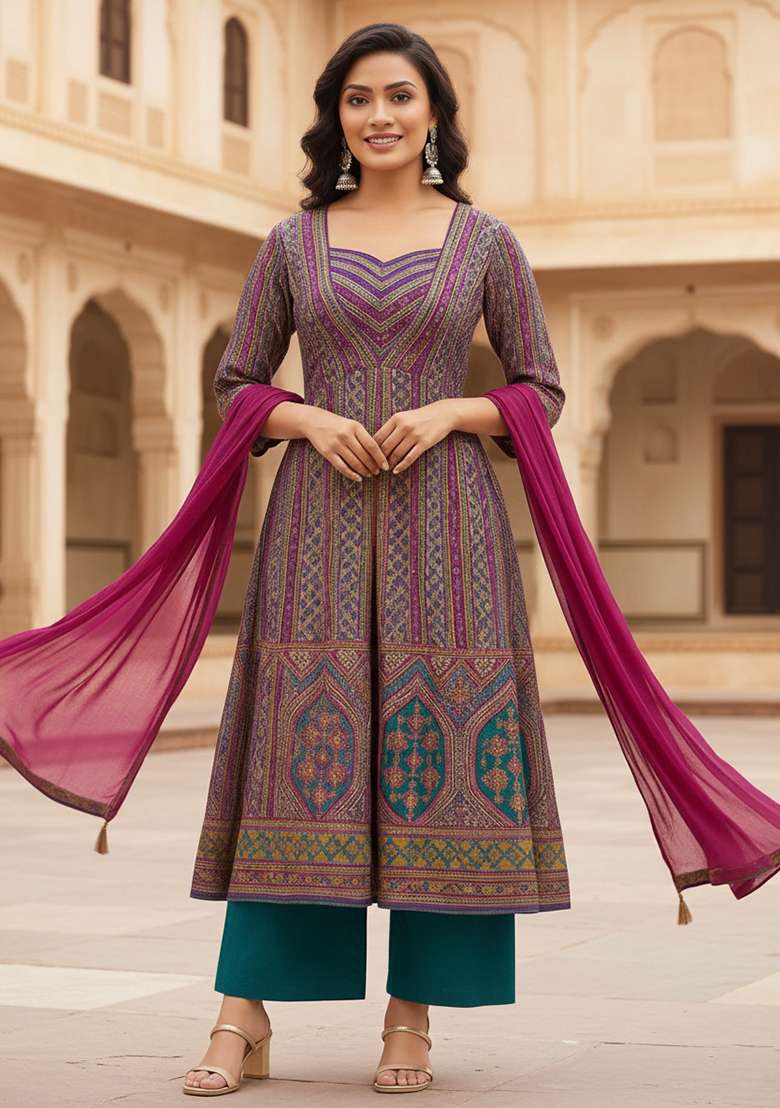 Purple Printed Brocade Anarkali Set - Indya