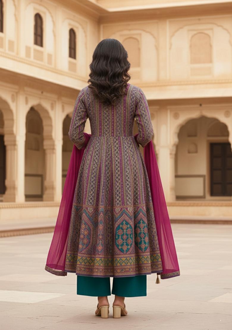 Purple Printed Brocade Anarkali Set - Indya