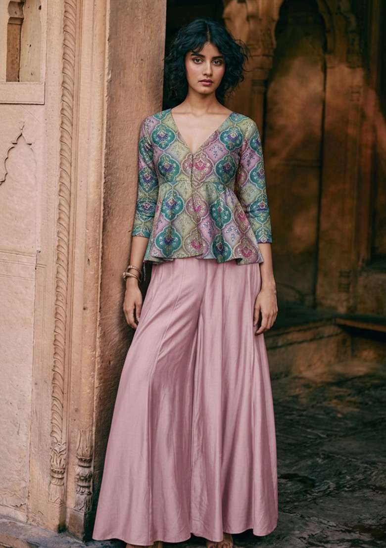 Pink Embroidered Poly Blend Fusion Set - Indya