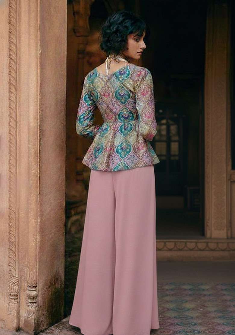 Pink Embroidered Poly Blend Fusion Set - Indya