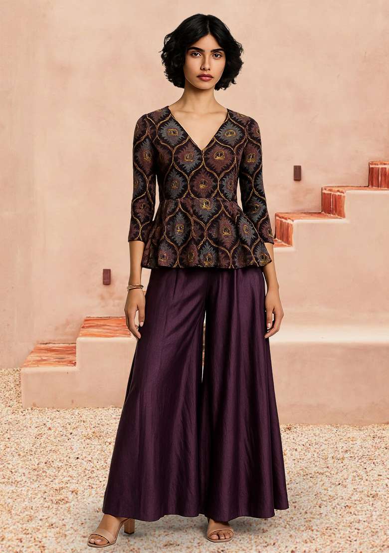 Purple Embroidered Poly Blend Fusion Set - Indya