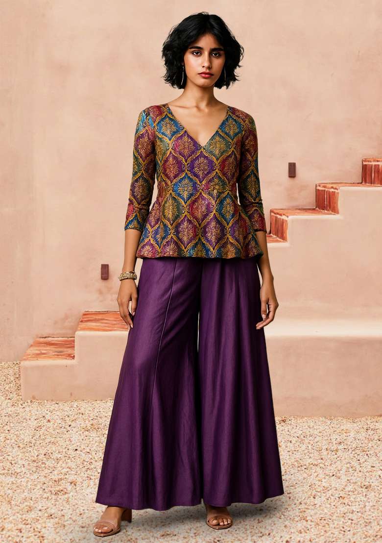 Purple Embroidered Poly Blend Fusion Set - Indya
