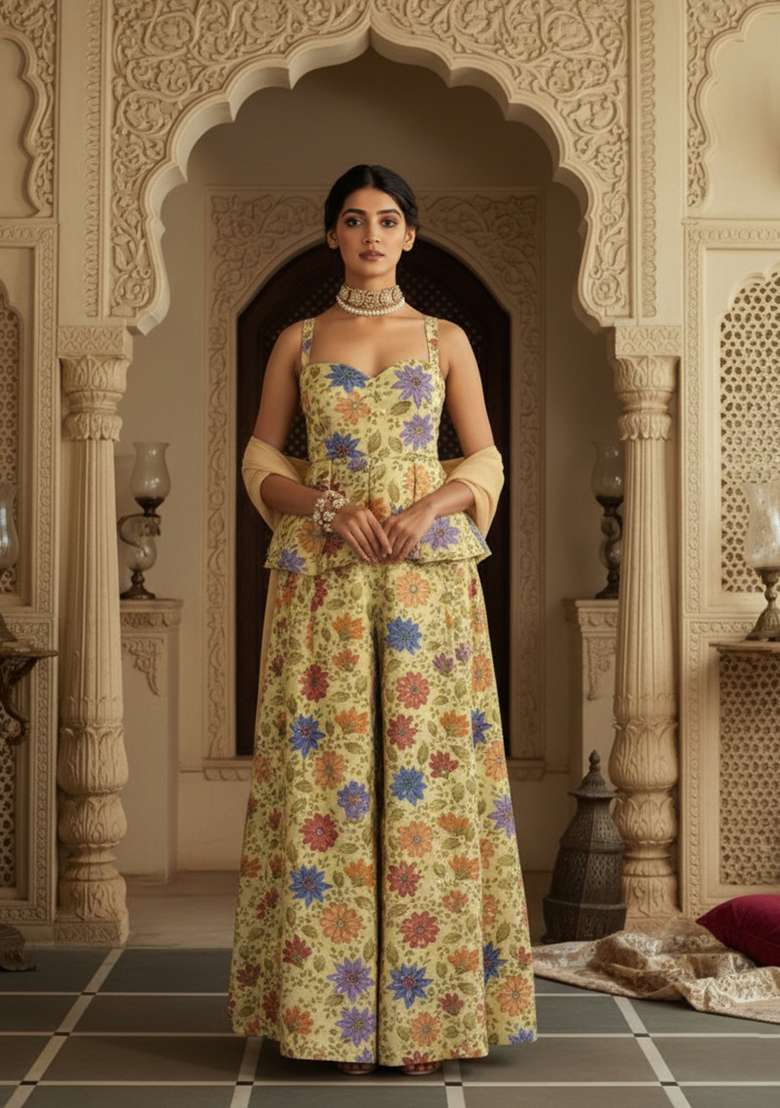 Yellow Embroidered Poly Blend Fusion Set - Indya