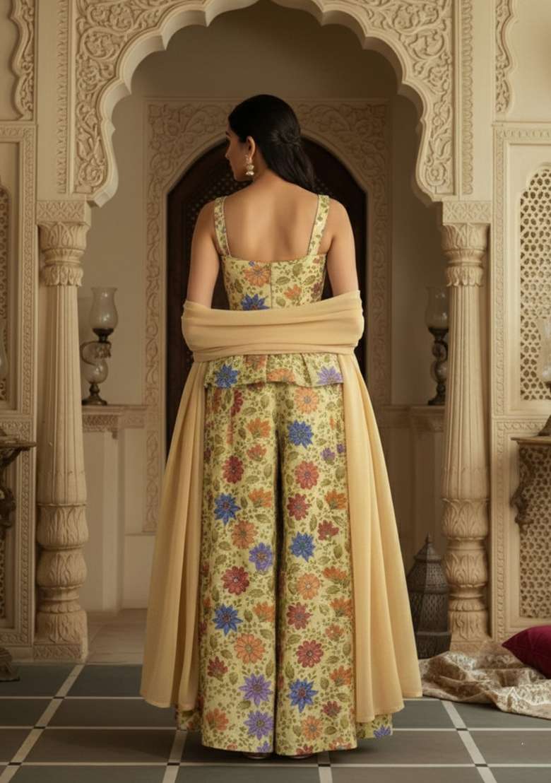 Yellow Embroidered Poly Blend Fusion Set - Indya