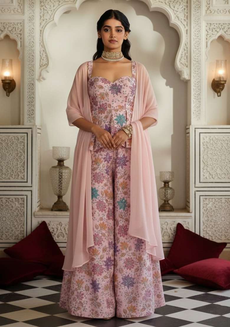 Pink Embroidered Poly Blend Fusion Set - Indya