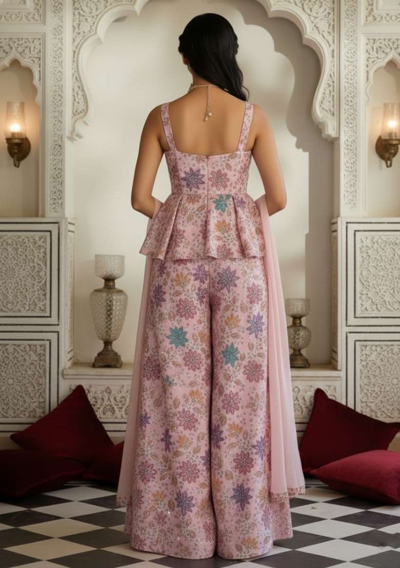 Pink Embroidered Poly Blend Fusion Set - Indya
