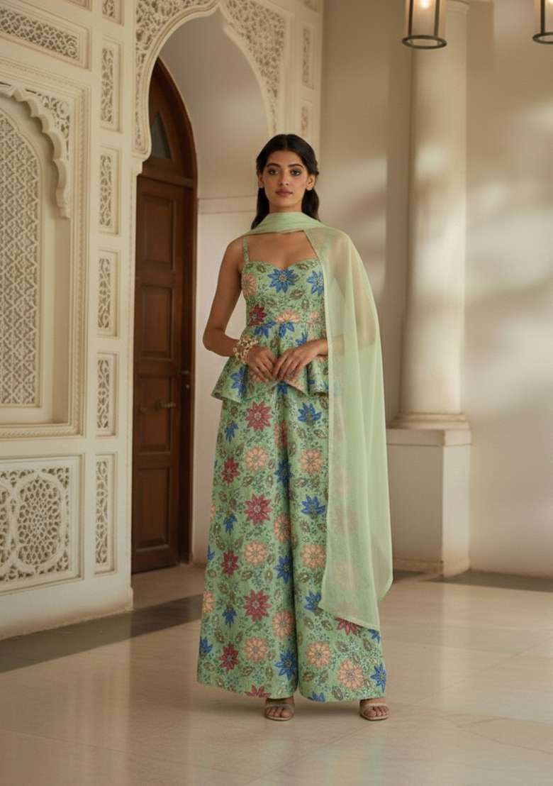 Green Embroidered Poly Blend Fusion Set - Indya