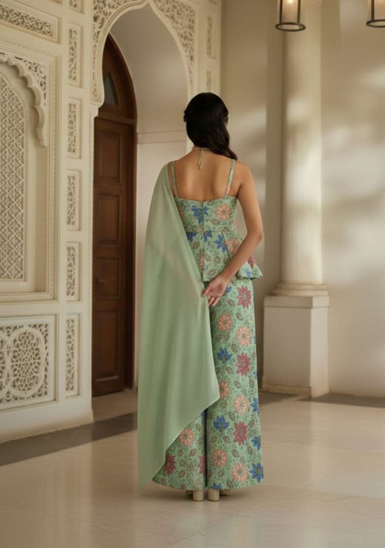 Green Embroidered Poly Blend Fusion Set - Indya