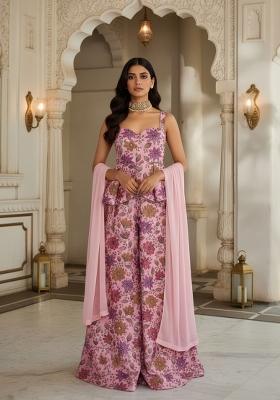 Pink Embroidered Poly Blend Fusion Set