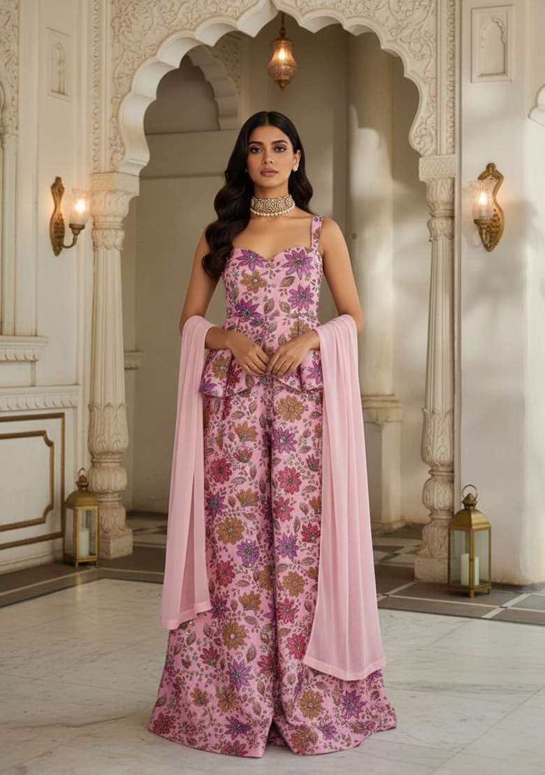 Pink Embroidered Poly Blend Fusion Set - Indya