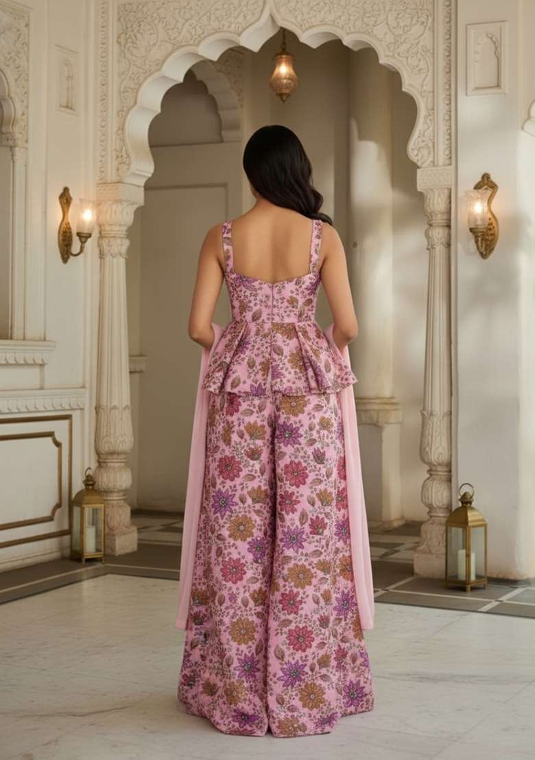 Pink Embroidered Poly Blend Fusion Set - Indya