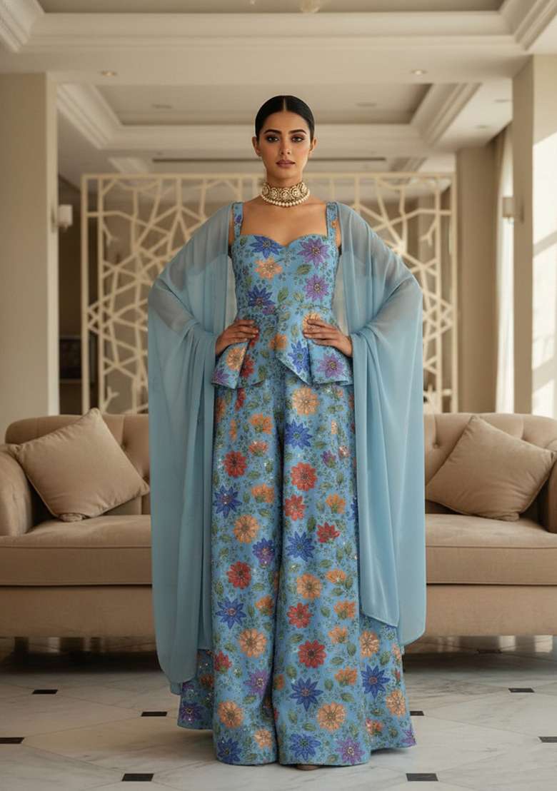 Blue Embroidered Poly Blend Fusion Set - Indya