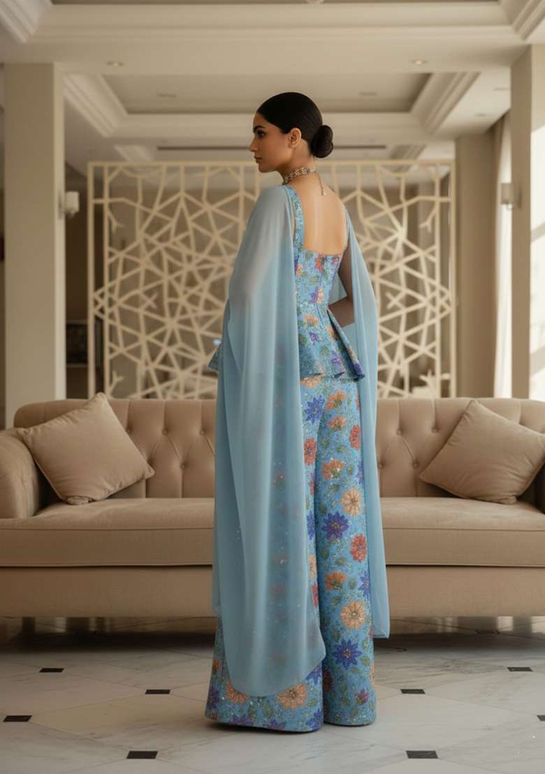Blue Embroidered Poly Blend Fusion Set - Indya