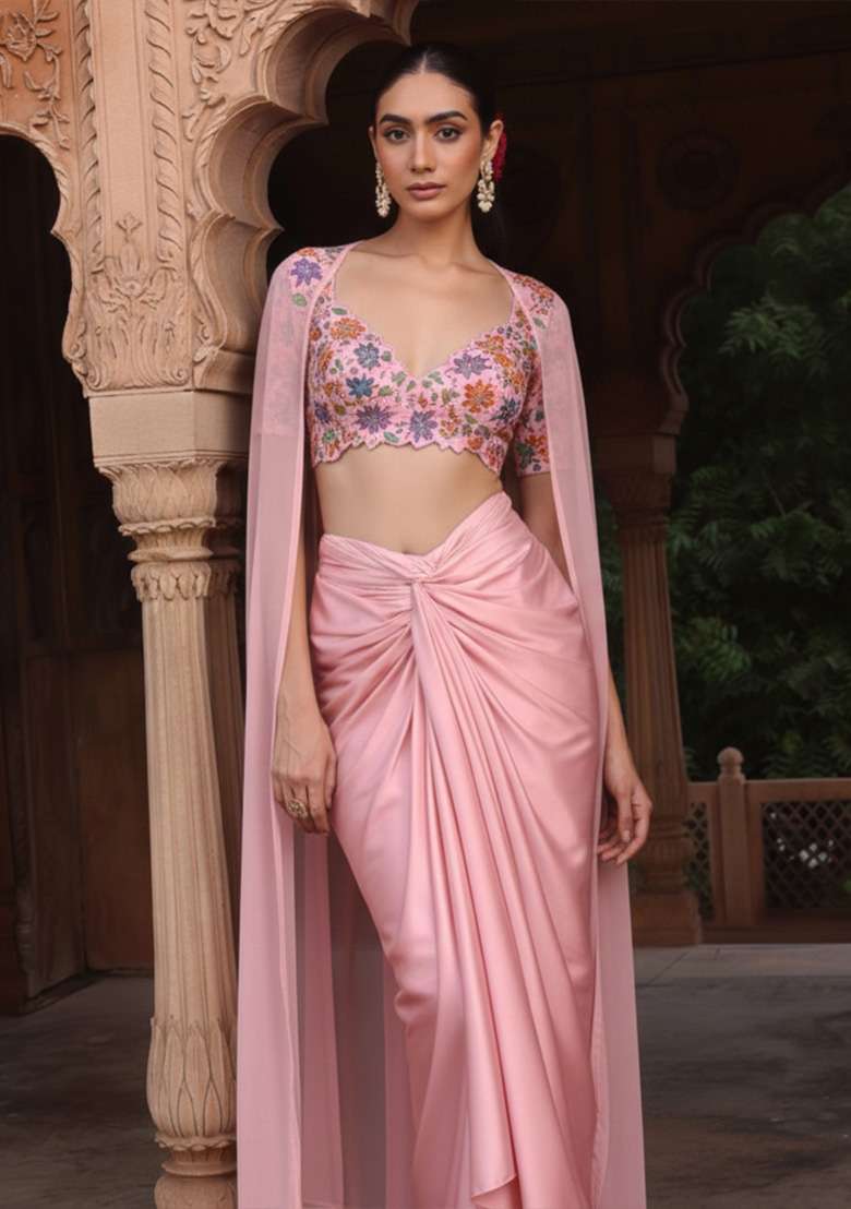 Pink Embroidered Poly Blend Fusion Set - Indya