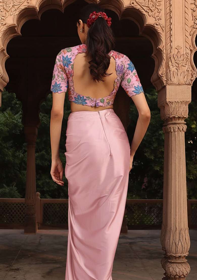 Pink Embroidered Poly Blend Fusion Set - Indya