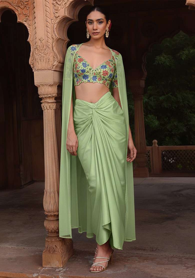 Green Embroidered Poly Blend Fusion Set - Indya