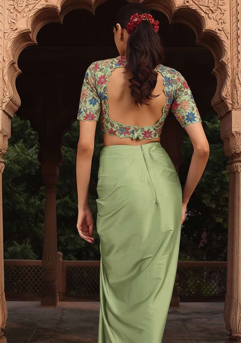 Green Embroidered Poly Blend Fusion Set - Indya