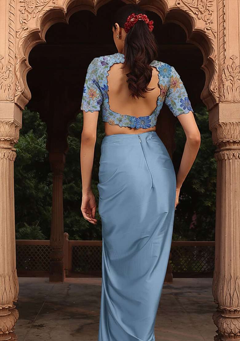 Blue Embroidered Poly Blend Fusion Set - Indya
