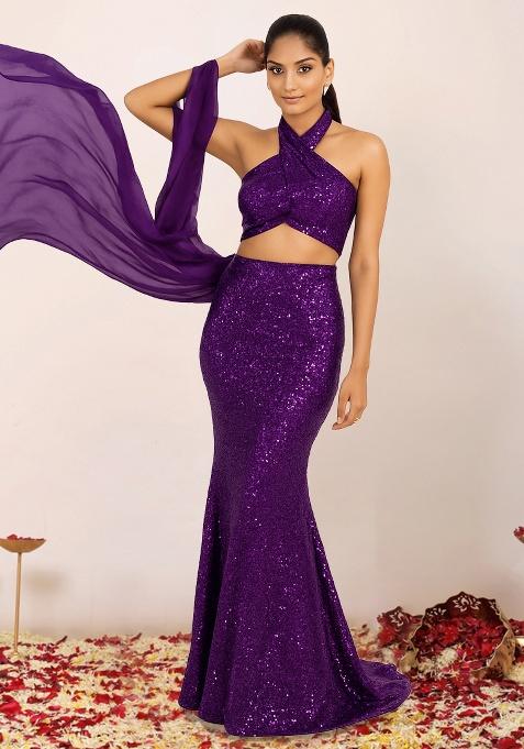 Deep Purple Sequin net Fusion Set