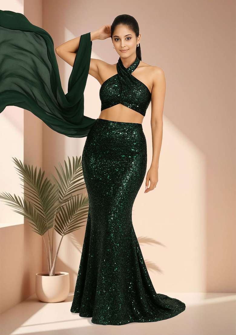 Emerald Green net Fusion Set with Sequin for Diwali | Wedding & Festive Wear - Indya