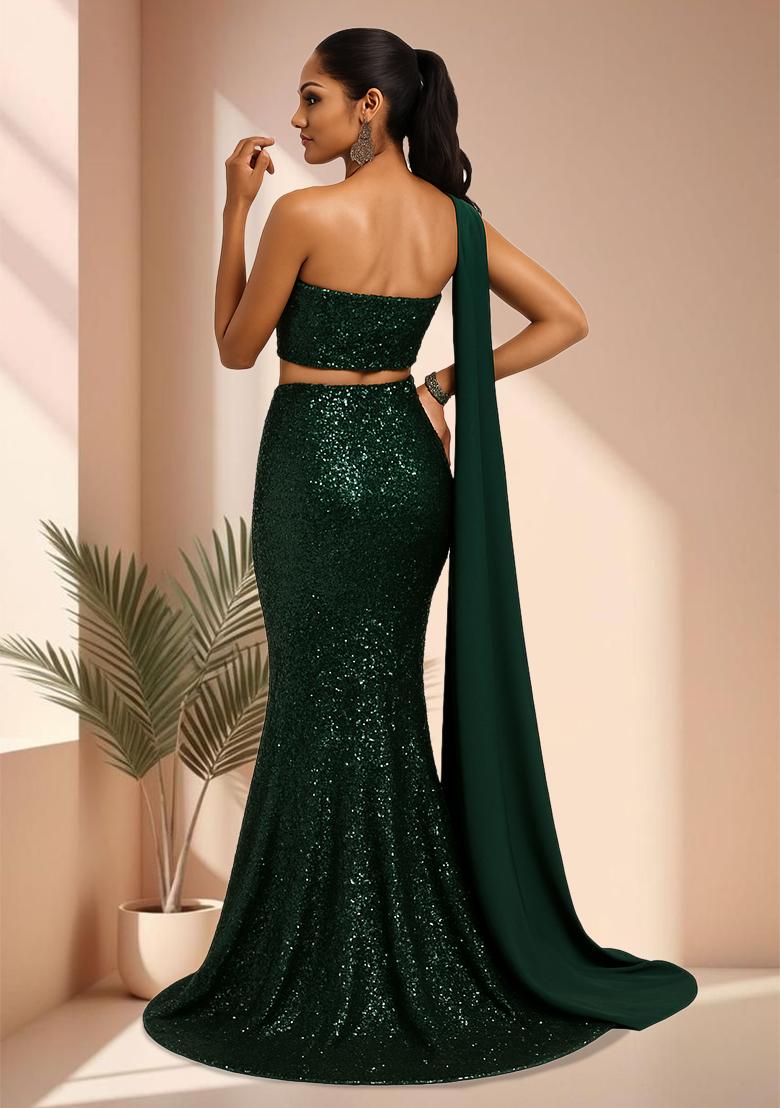 Emerald Green Sequin net Fusion Set - Indya