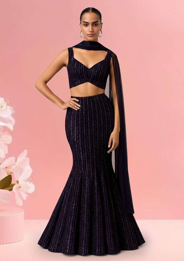 Deep Plum Sequin net Fusion Set - Indya