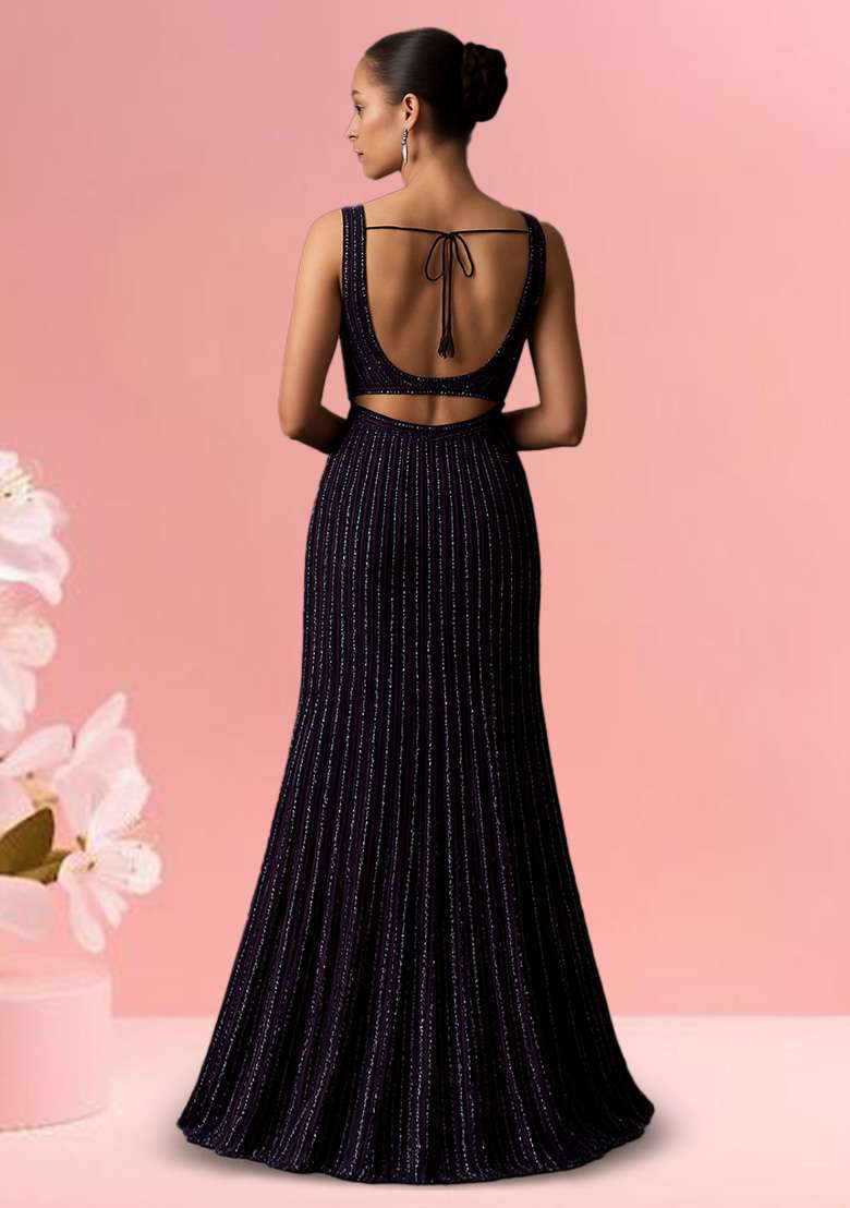 Deep Plum Sequin net Fusion Set - Indya