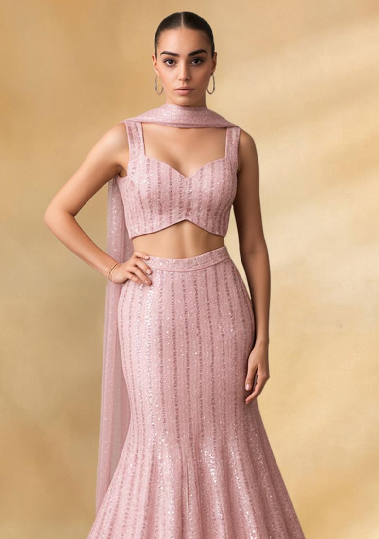 Soft Rose Pink Sequin net Fusion Set - Indya