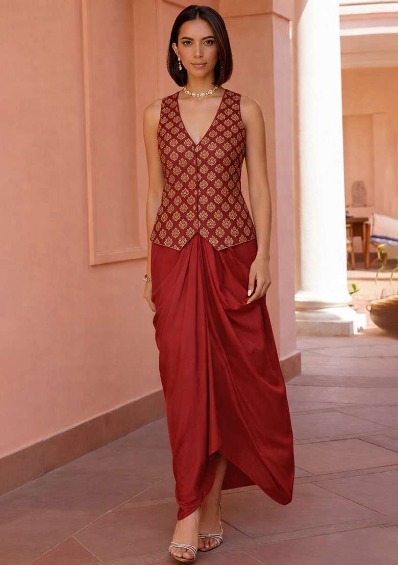 Red Brocade Fusion Set for Diwali and Festive Wear - Indya