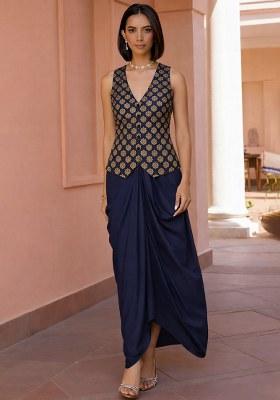 Dark Blue Brocade Fusion Set