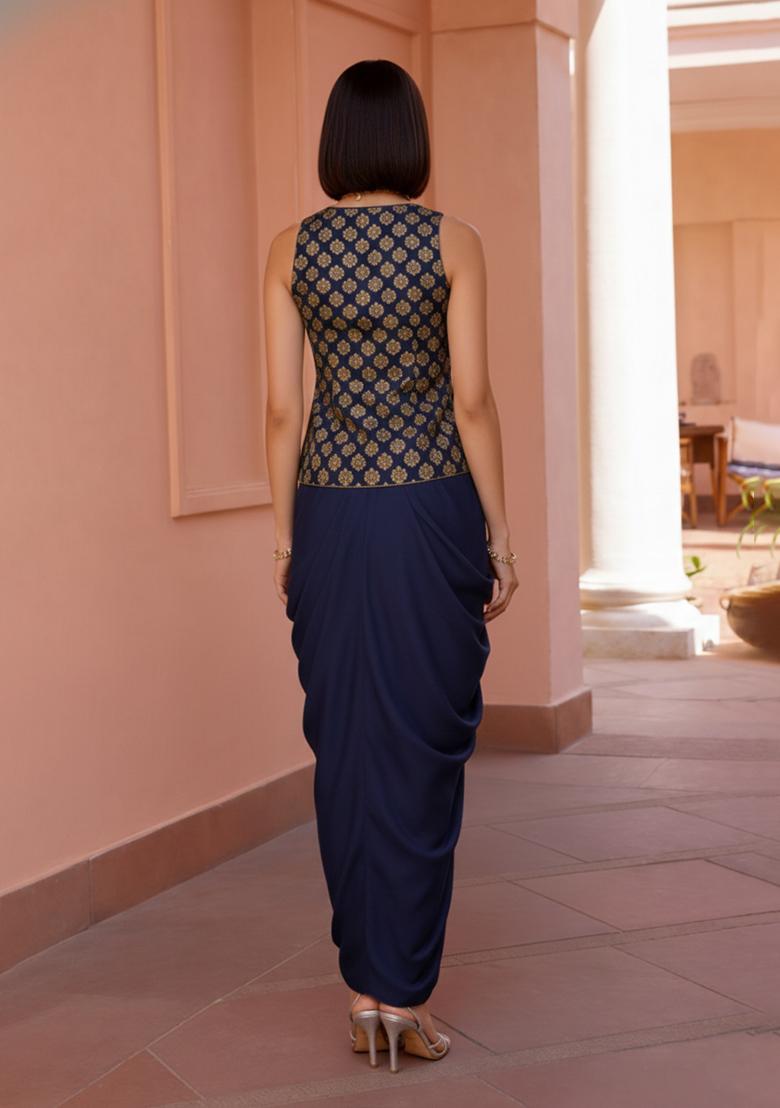 Dark Blue Brocade Fusion Set - Indya