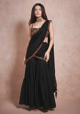 Black Embroidery Blouse Crepe Fusion Set