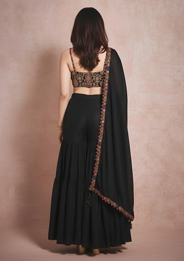 Black Embroidery Blouse Crepe Fusion Set - Indya