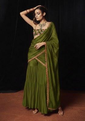 Olive Green Embroidery Blouse Crepe Fusion Set